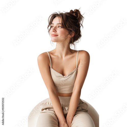 Calm woman sitting cross legged relaxed expression casual beige outfit young adult natural light peaceful mood indoor modern style comfortable serene atmosphere