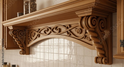 Intricately Carved Wooden Range Hood Accent with Decorative Corbels and Scrollwork Design Above Tiled Backsplash