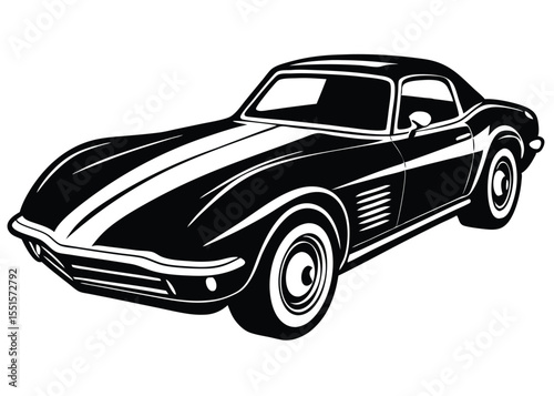 Classic american muscle car with racing stripes black and white design vector illustration