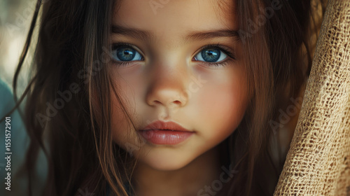 A hyper-realistic close-up portrait of a beautiful young girl with long brown hair and striking blue eyes. Her serene expression and the soft, natural lighting create a captivating and innocent look
