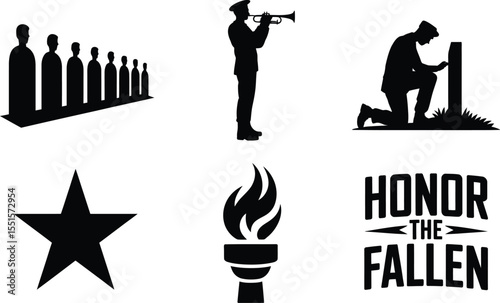 Silhouette vector composition of memorial tribute including funeral, torch, patriot star, and trumpet