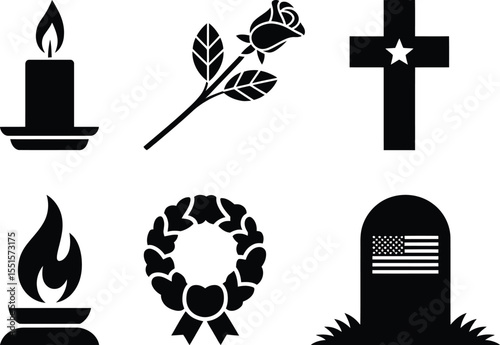 Military remembrance silhouette vector collection with wreath, candle, rose, tombstone, cross, flames