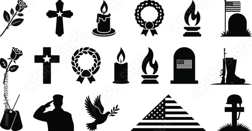 Silhouette vector of memorial and military symbols including cross, rose, candle, flag, and tombstone