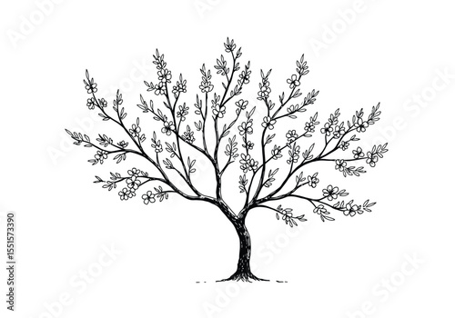 Almond tree drawing. It is a vector sketch line art drawing of an almond tree in bloom, featuring delicate flowers and intricate branches, spring and new growth. Vector sketch line art draw.