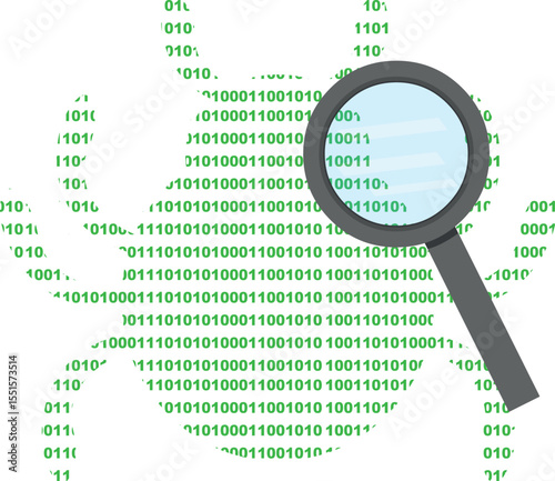 vector illustration icon bug designed with binary code numbers and a magnifying glass moving, in a computer virus analysis, search or error concept