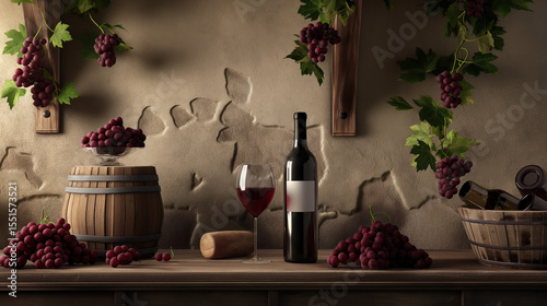 Winery. Wine production. Bottle and glasses of wine with bunch of grapes, leaves and cork, on wooden table, copy space. Wine advertising. Alcohol. Alcoholic drink. Still life.