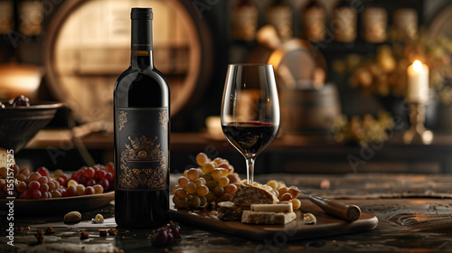 Winery. Wine production. Bottle and glasses of wine with bunch of grapes, leaves and cork, on wooden table, copy space. Wine advertising. Alcohol. Alcoholic drink. Still life.
