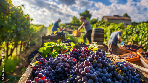 Vineyard. Winery. Workers pick ripe grapes to make wine. Wine production. Hilly terrain covered with rich vineyards in the area. Beautiful view of vineyard in summer in wine region.
