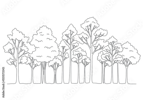 Autumn season tree drawing. A vector sketch line art drawing of a forest or tree line, depicting various trees with full canopies, a natural landscape for autumn themes. Vector sketch line art draw.