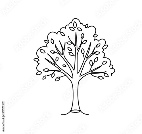 Autumn tree drawing. It is a vector sketch line art drawing of an autumn tree, featuring a full canopy with leaves, signifying the fall season and natural beauty. Vector sketch line art draw.