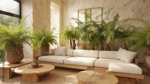 Minimalist living room interior with soft natural lighting, neutral tones, wooden furniture, and large indoor plants swaying gently.