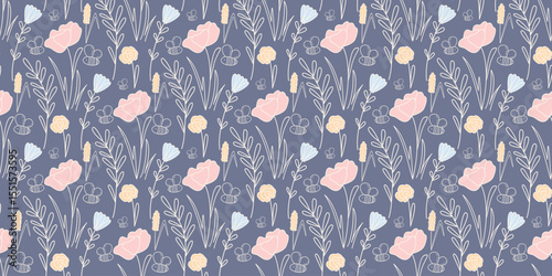 Delicate floral seamless pattern in Provence style. White silhouette of wild flowers and herbs on lavender background. Botanical cottagecore print for wallpaper, textile, design, vector graphic