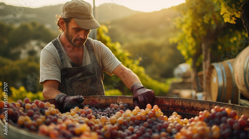 Man Winemaker. Farmer. Vineyard. Winery. Workers picking ripe grapes for wine production. Wine production. Hilly terrain covered with rich vineyards in the area.