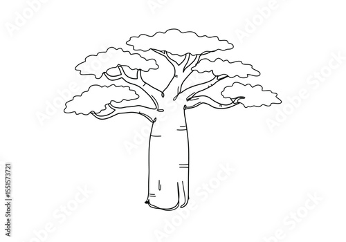 Baobab drawing. It is a vector sketch line art drawing of a baobab tree, showcasing its thick trunk and unique branching, iconic to African landscapes and longevity. Vector sketch line art draw.