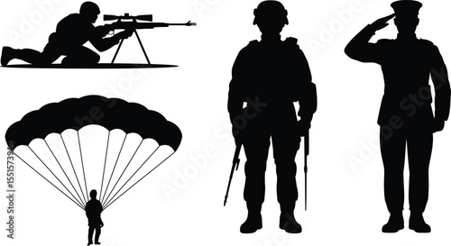 Military scene silhouette vector of army soldier with parachute, salute, rifle and standing guard position