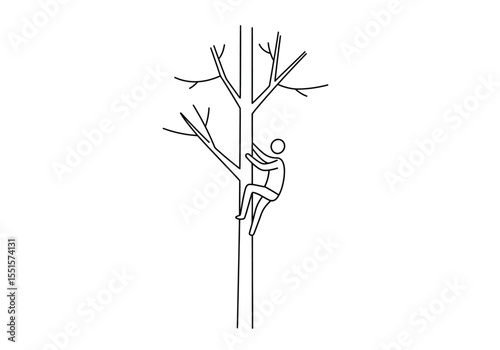 Climbing tree drawing. It is a vector sketch line art drawing of a person climbing a bare tree, symbolizing adventure, nature connection, or overcoming challenges. Vector sketch line art draw.