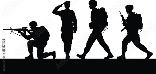 Silhouette vector set of military soldiers walking, saluting, marching, and aiming with guns and gear