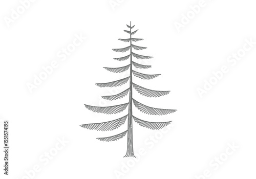 Conifer tree drawing. It is a vector sketch line art drawing of a conifer tree, with distinct, pointed needles and branches, often symbolizing evergreen forests. Vector sketch line art draw.