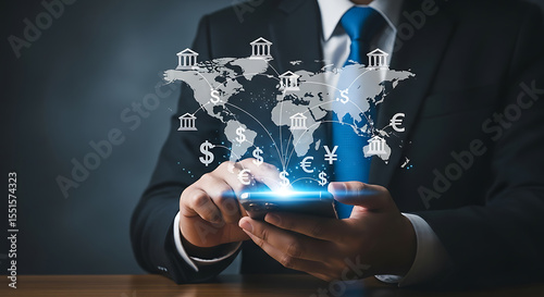 Businessman using smartphone global banking concept with currency symbols and world map