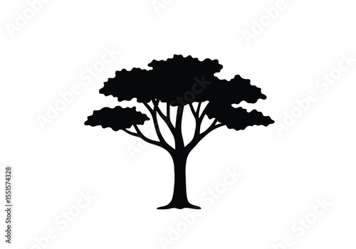 Dark tree drawing. It is a vector sketch line art drawing of a solid black tree silhouette with dense foliage. Vector sketch line art draw.
