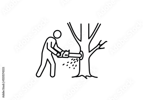 Cutted tree drawing. It is a vector sketch line art drawing of a person cutting a tree with a chainsaw, depicting logging or deforestation. Vector sketch line art draw.