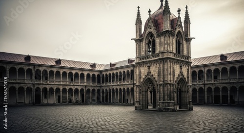 Majestic Gothic Courtyard with Architectural Grandeur and Historical Significance Bathed in Ominous Overcast Light