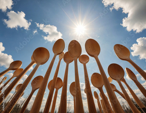 Wooden Spoons standing upright like People under a bright sunny sky