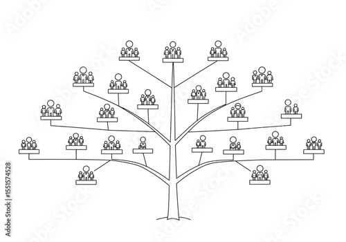 Family tree drawing. It is a vector sketch line art drawing of a family tree with multiple generations of linked figures. Vector sketch line art draw.