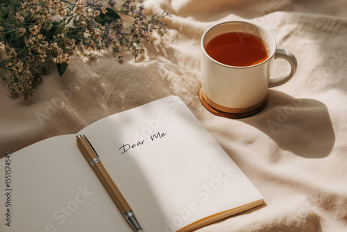 Cozy flat lay of notebook open to “Dear Me” with pen, tea mug, and plant