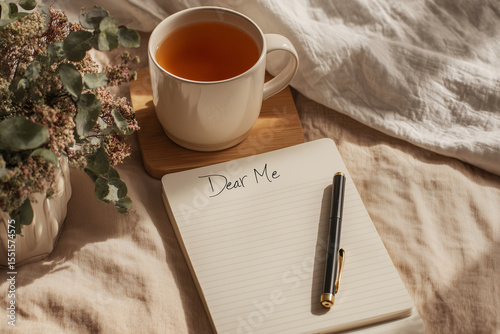 Cozy flat lay of notebook open to “Dear Me” with pen, tea mug, and plant