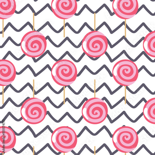 Bright colored lollipop. Sweet dessert for kids. Candy on a stick. Pink, blue, yellow spiral ball. Seamless background pattern. Vector illustration