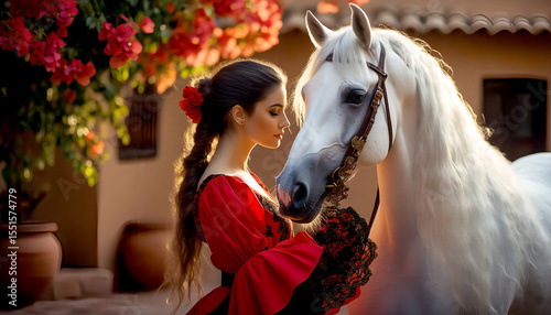 Spanish woman wearing a traditional crimson flamenco dress with intricate black lace next to a majestic white Andalusian stallion
