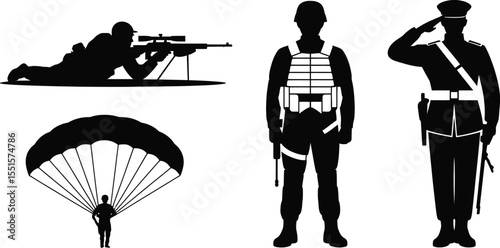 Silhouette vector pack of tactical military troops with rifle, parachute descent and armed personnel