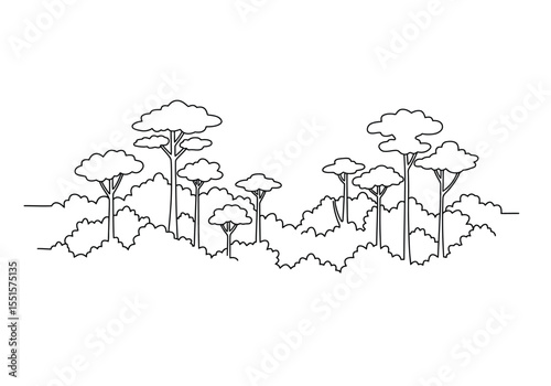 Jungle tree drawing. It is a vector sketch line art drawing of a dense jungle scene with various trees and lush foliage, symbolizing wild nature. Vector sketch line art draw.
