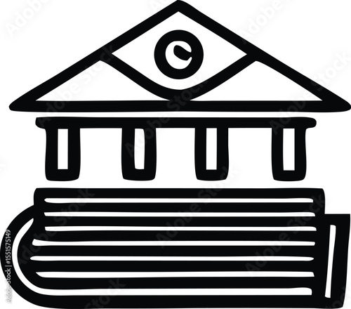 Stylized black and white icon representing a building with columns and a book featuring a copyright symbol within a triangular pediment