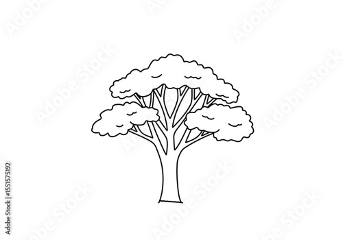 Kapok tree drawing. It is a vector sketch line art drawing of a kapok tree with a distinctive broad canopy. Vector sketch line art draw.