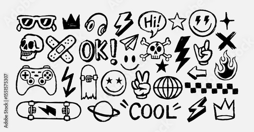 Hand-drawn doodle vector set with cool icons like skulls, smiley faces, lightning bolts, game controller, peace sign, and more. Perfect for t-shirts, stickers, and streetwear graphics.