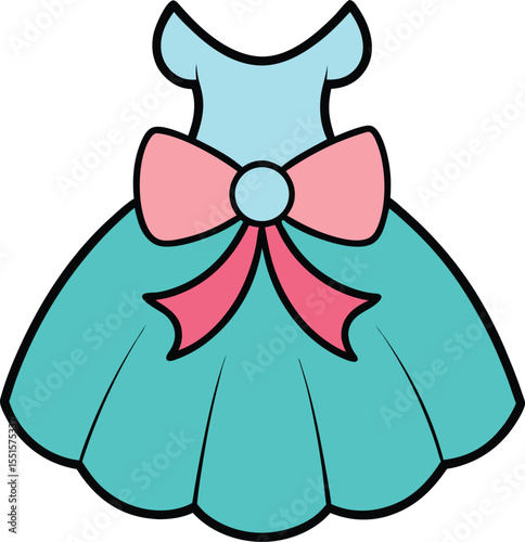 "Cute blue dress with puffed skirt and small bows, outline vector"