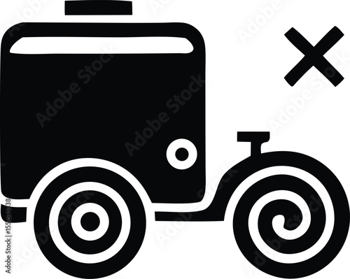 Stylized black and white graphic icon representing a vehicle with a large cargo box and a distinctive spiral wheel marked with a prohibition symbol