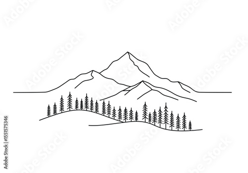 Mountain with trees drawing. It is a vector sketch line art drawing of mountains and a forest of pine trees, symbolizing nature and wilderness. Vector sketch line art draw.