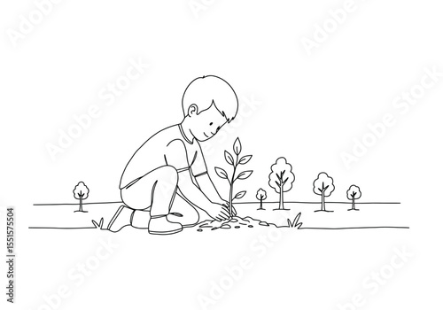 Plant a tree drawing. A vector sketch line art drawing of a child planting a sapling in the ground with other trees, environmental conservation and growth. Vector sketch line art draw.