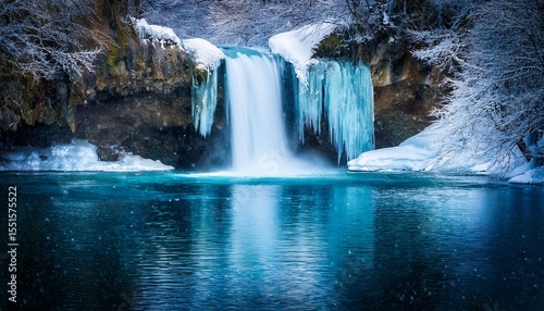 frozen waterfall flowing into icy waters with snowflakes gently falling frozen ice flow