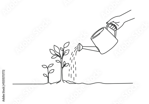 Saving tree drawing. It is a vector sketch line art drawing of a hand watering a small plant, symbolizing environmental protection and nurturing growth. Vector sketch line art draw.
