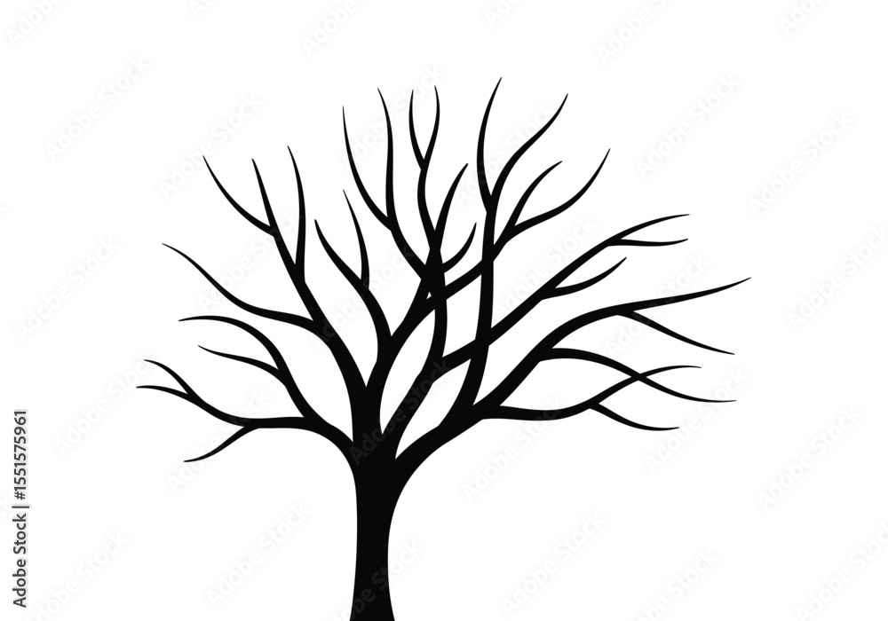Obraz premium Abstract tree drawing. A vector sketch line art drawing of a bare, abstract tree, an artistic rendition of a tree without foliage, focusing on its silhouette and form. Vector sketch line art draw.