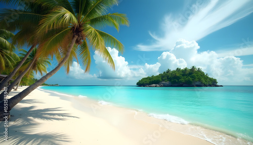 Fototapeta Naklejka Na Ścianę i Meble -  Idyllic Tropical Paradise: Secluded White‑Sand Beach with Emerald‑Turquoise Waters & Swaying Palm Trees