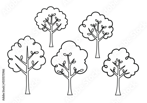 5 tree drawing. It is a vector sketch line art drawing featuring five similar trees, a collection of simple outlined trees, perfect for various design uses. Vector sketch line art draw.