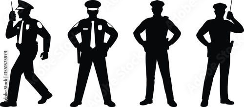 Police officer silhouette vector set with four male law enforcement characters in uniform and gear