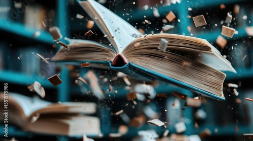 Wallpaper Mural A mesmerizing open book suspended in air, pages flying, highlighting the magic of literature and imagination captured in a library backdrop with blurred shelves. Torontodigital.ca