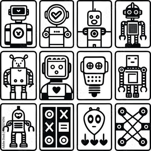 A grid of twelve distinct black and white cartoon robot illustrations each in its own square showcasing variety in design and features