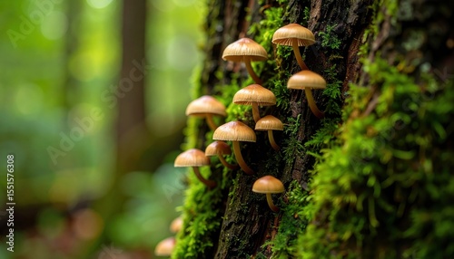 Fungi on the bark of a tree in the forest: A close-up shot unveils a cluster of delicate fungi adorning the rough bark of a tree, embraced by a lush carpet of green moss in the depths of the forest.